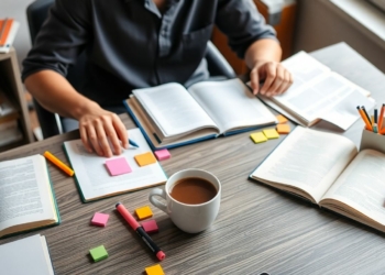 Student studying with notes and coffee at desk