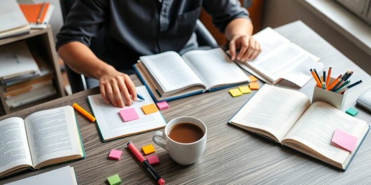 Student studying with notes and coffee at desk