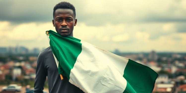 Young Nigerian looking at tattered flag