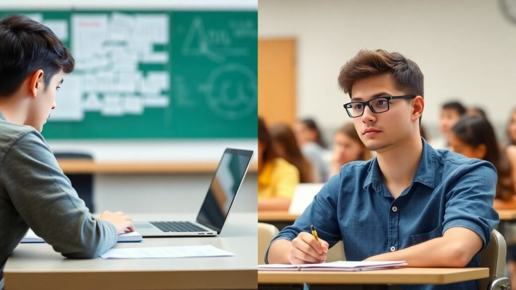 Student at desk for online and classroom exam scenes