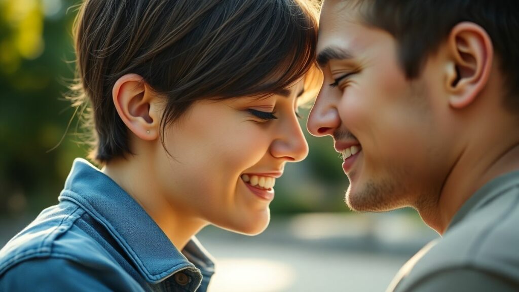Couple gazing affectionately with gentle smiles