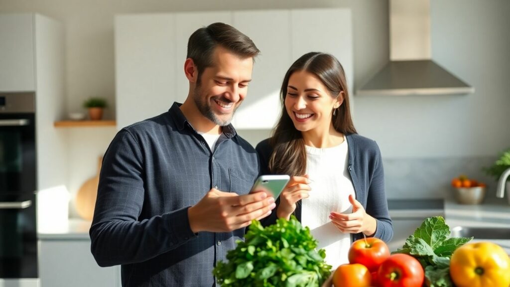 Couple planning meals with a shared grocery list app.