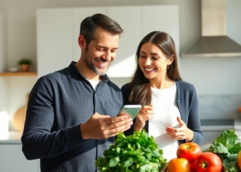 Couple planning meals with a shared grocery list app.