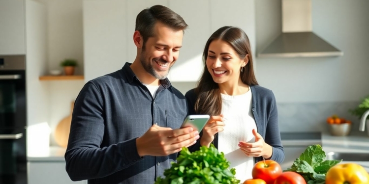 Couple planning meals with a shared grocery list app.