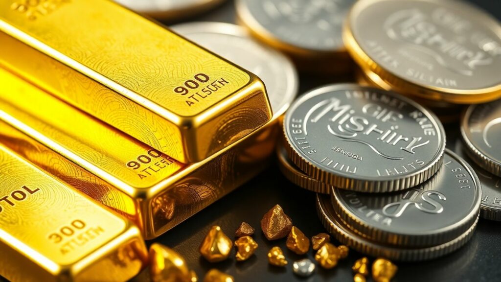 Gold bars and silver coins stacked together.