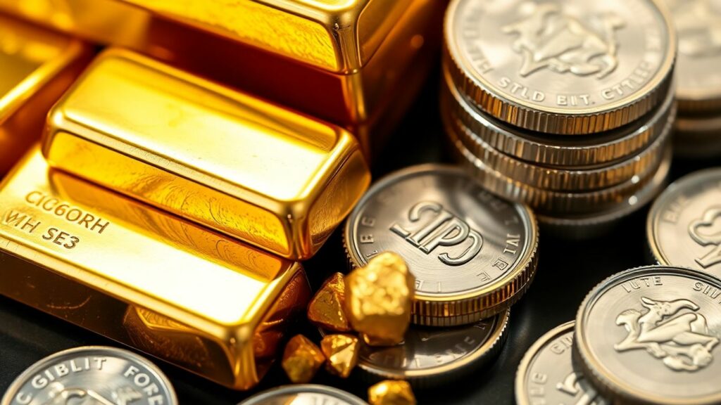 Gold bars and silver coins stacked together.