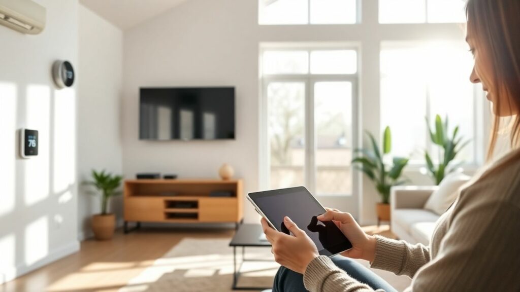 Modern smart home interior with integrated technology.