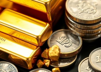 Gold bars and silver coins stacked together.