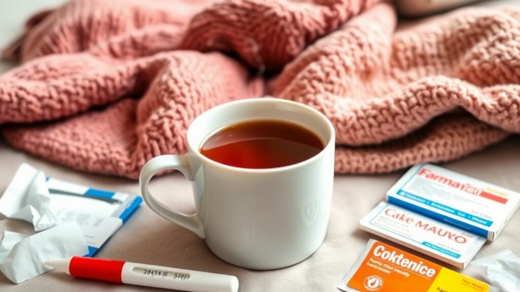 Mug, tissues, medicine, and thermometer on bedside table.