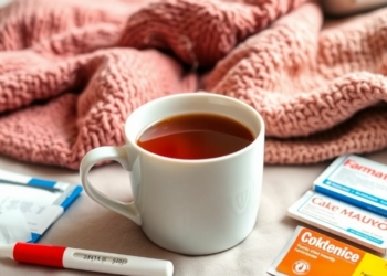 Mug, tissues, medicine, and thermometer on bedside table.