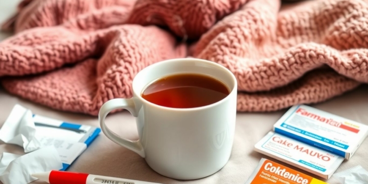 Mug, tissues, medicine, and thermometer on bedside table.