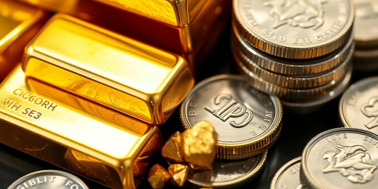 Gold bars and silver coins stacked together.