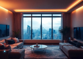 Modern smart home interior with integrated technology and city view.