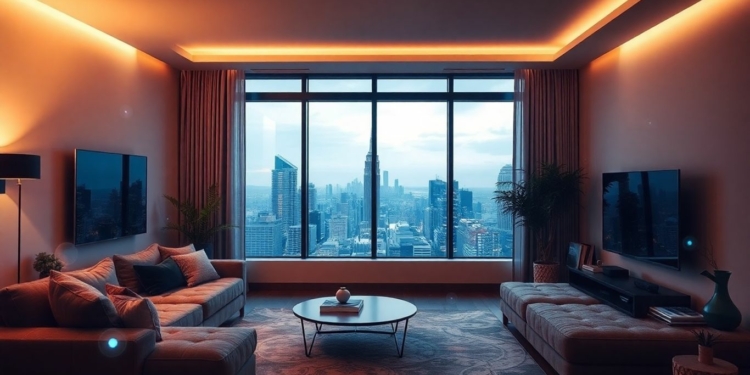 Modern smart home interior with integrated technology and city view.