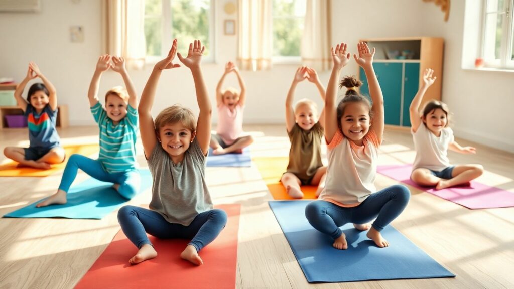 Children practicing yoga poses on colorful mats