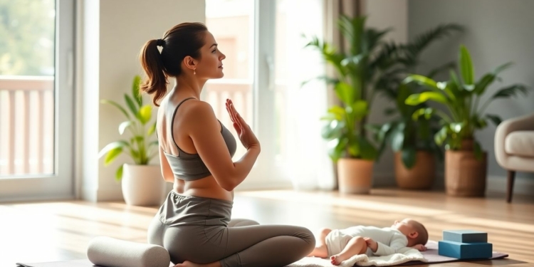 New mother doing yoga postpartum near her baby.