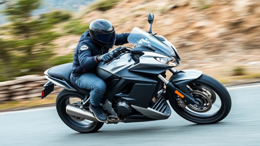 Motorcyclist performing a safety maneuver on a road.