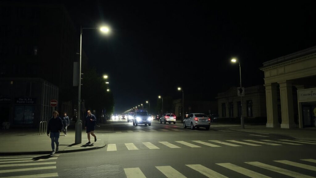 Pedestrians walking on city street under streetlights at night