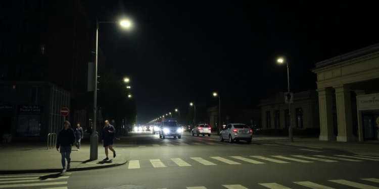 Pedestrians walking on city street under streetlights at night