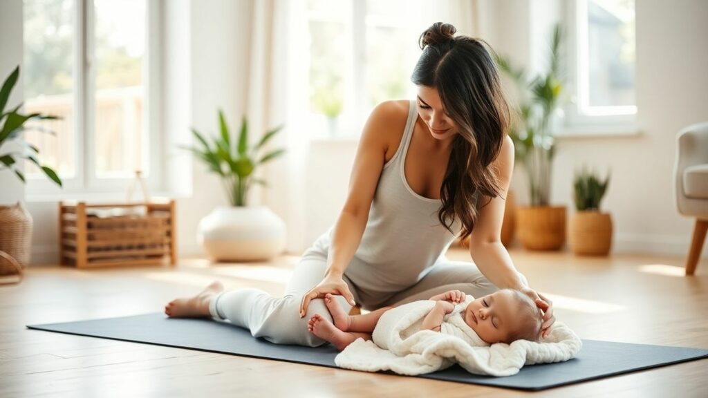 Mother practicing yoga with baby at home