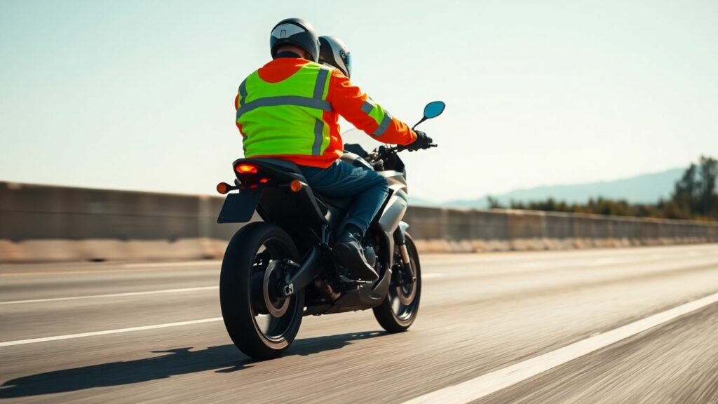 Motorcyclist in bright gear on a highway.