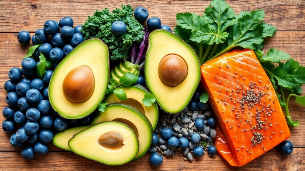 Assorted superfoods on a rustic wooden table.