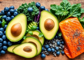 Assorted superfoods on a rustic wooden table.