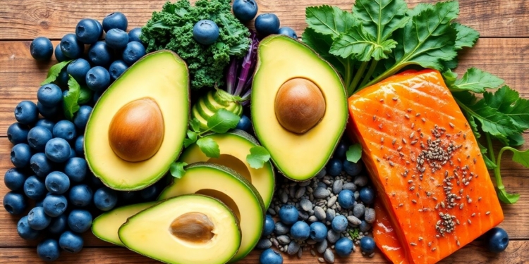 Assorted superfoods on a rustic wooden table.