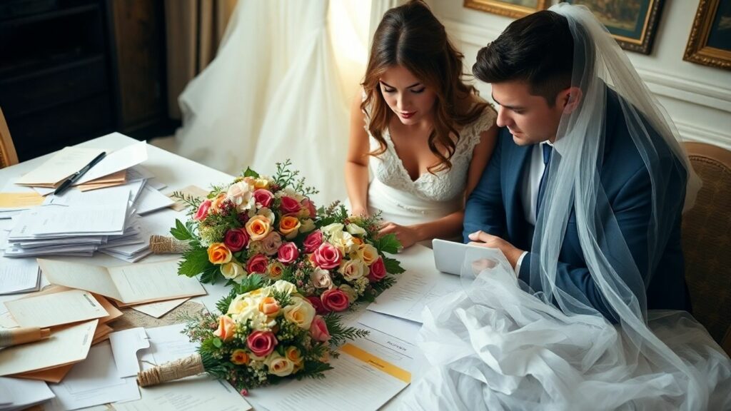 Stressed couple surrounded by messy wedding planning items