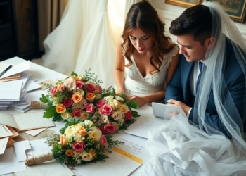 Stressed couple surrounded by messy wedding planning items