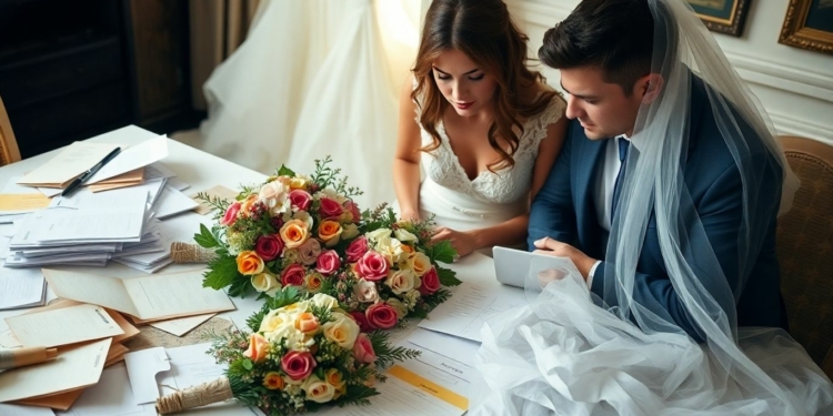 Stressed couple surrounded by messy wedding planning items
