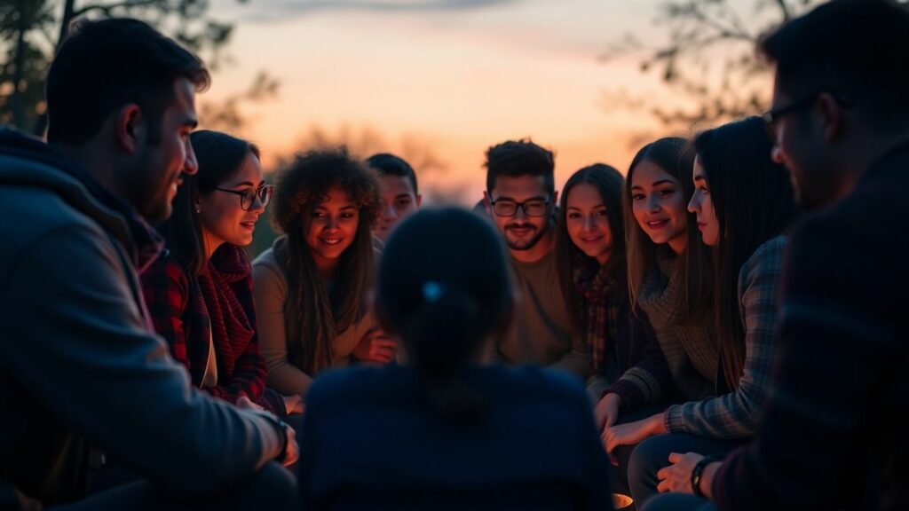 People connecting around a campfire at dusk.