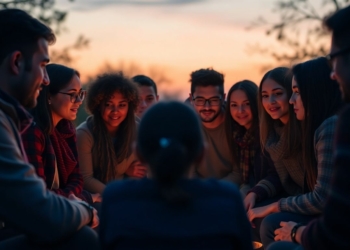 People connecting around a campfire at dusk.