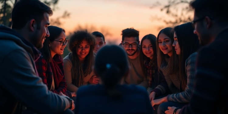 People connecting around a campfire at dusk.