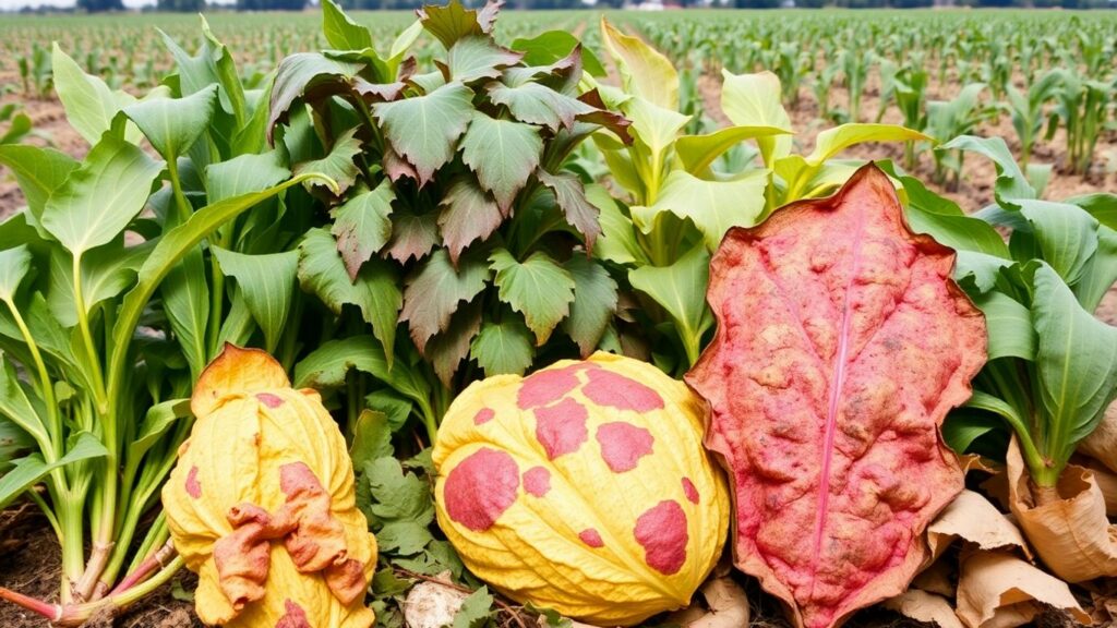 Healthy and diseased crops in a field.