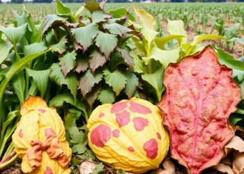 Healthy and diseased crops in a field.