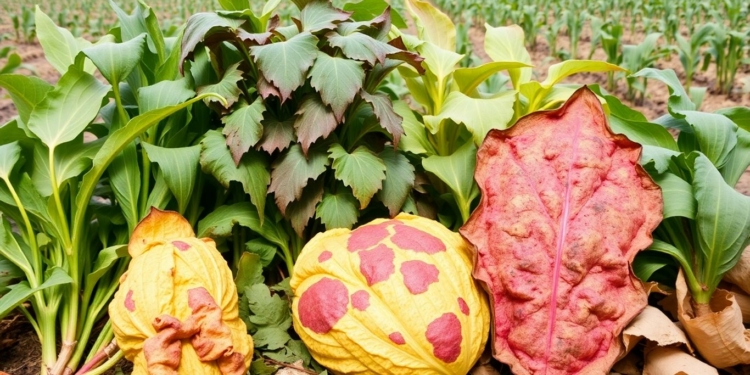 Healthy and diseased crops in a field.