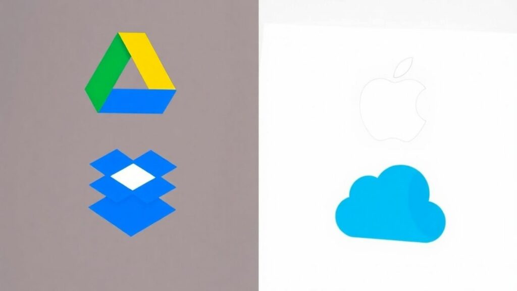 Cloud storage logos: Google Drive, Dropbox, OneDrive, iCloud comparison.