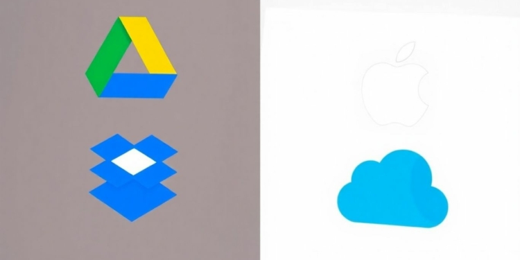 Cloud storage logos: Google Drive, Dropbox, OneDrive, iCloud comparison.