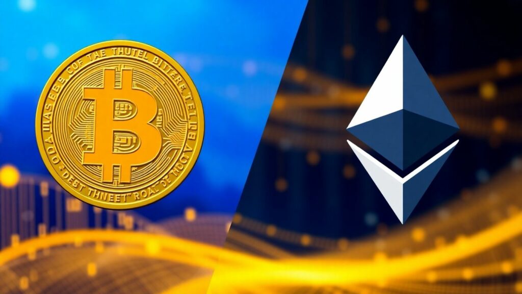 Bitcoin and Ethereum logos side-by-side comparison.