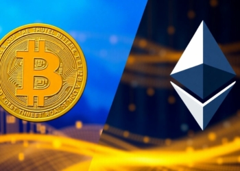 Bitcoin and Ethereum logos side-by-side comparison.