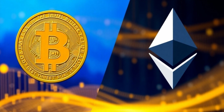 Bitcoin and Ethereum logos side-by-side comparison.