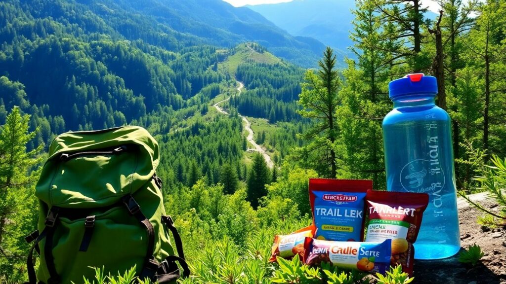Hiker's food and gear on a mountain trail.