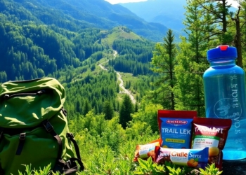 Hiker's food and gear on a mountain trail.