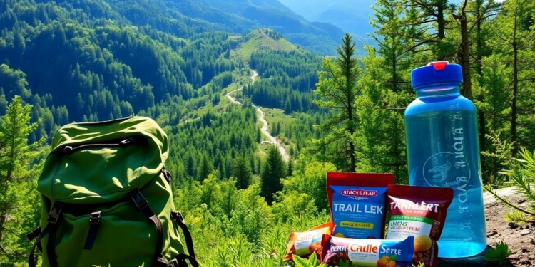 Hiker's food and gear on a mountain trail.