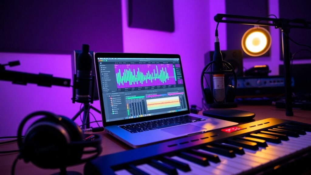 Beginner music production software setup with laptop, microphone, and keyboard.