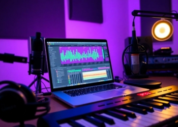 Beginner music production software setup with laptop, microphone, and keyboard.