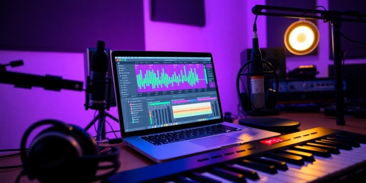 Beginner music production software setup with laptop, microphone, and keyboard.