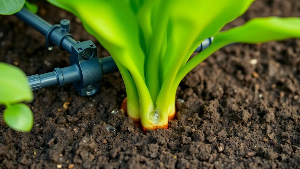Drip irrigation system watering plants in a field.