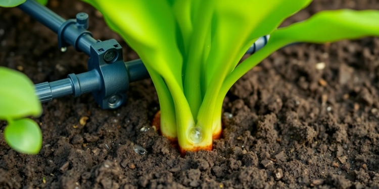 Drip irrigation system watering plants in a field.